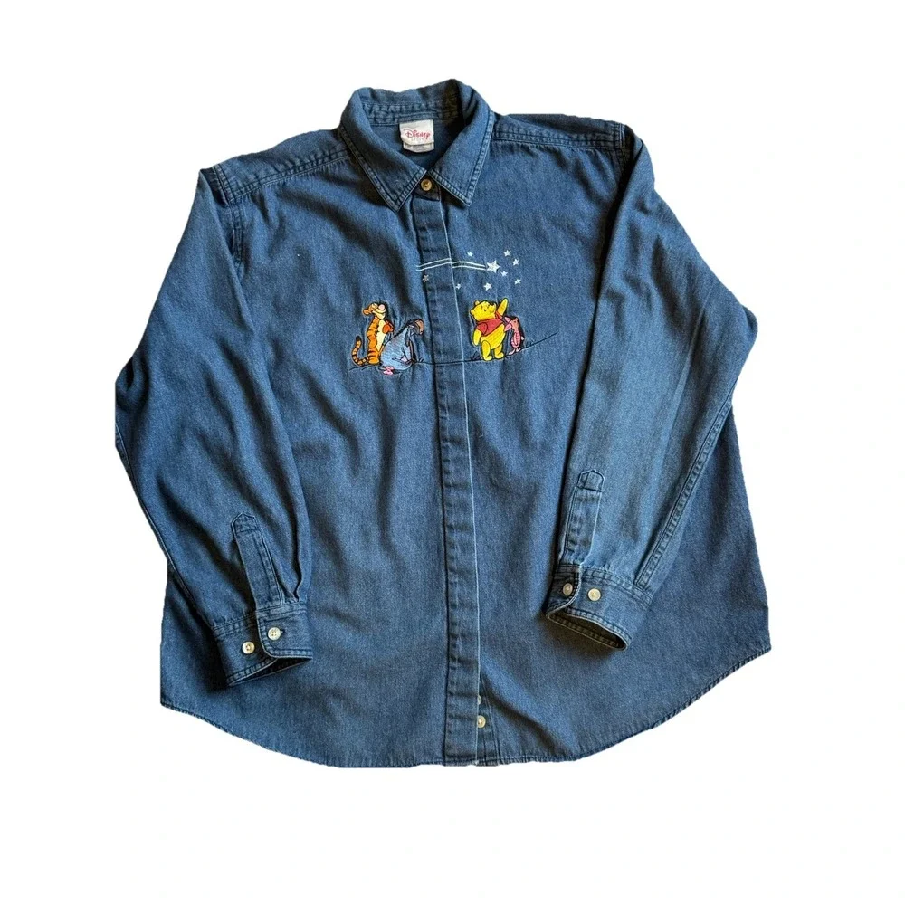 Vintage Style Disney Pooh Denim Shirt Womens XL Embroidered Tigger Eeyore Piglet - Picture 1 of 13